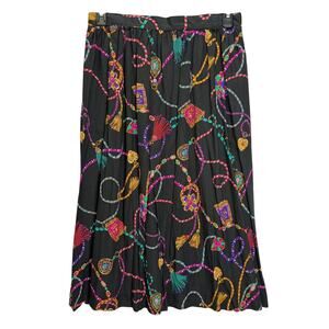 Vintage Southern Lady Midi Skirt Size XL Black Tassel Print Pleated Pockets